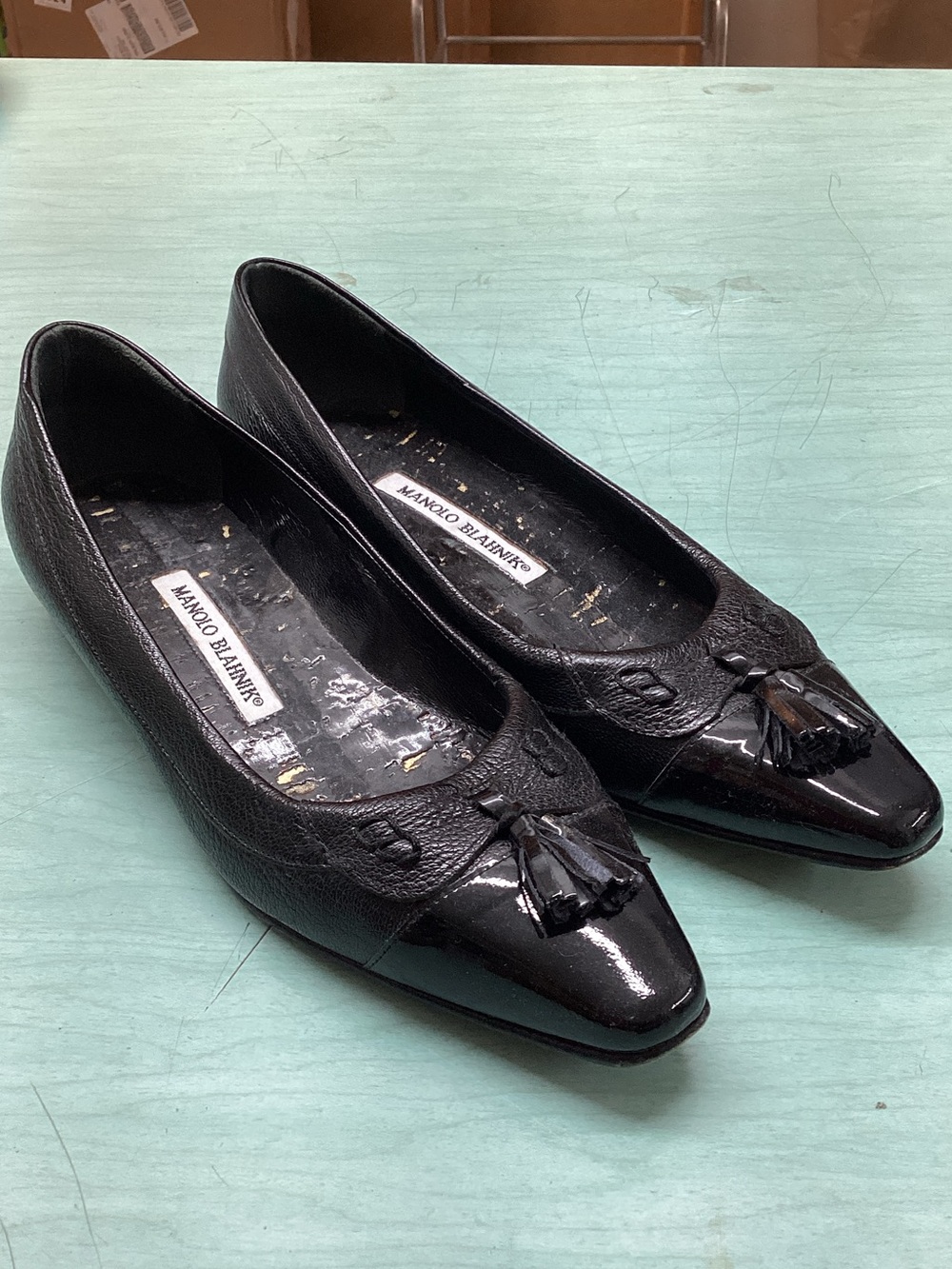 Manolo Blahnik Black Leather Pointed-Toe Tassel Flats